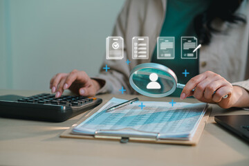HR professional reviewing employee data magnifying glass and icons, representing recruitment, candidate screening, data analysis, and hiring process. Human resources