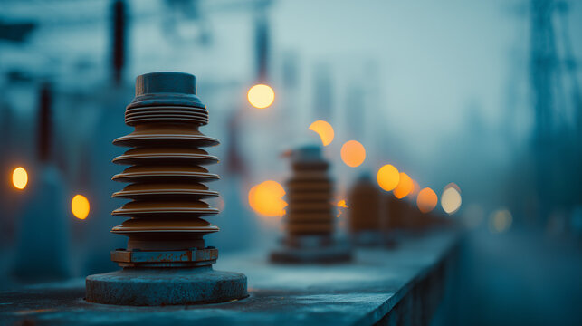 Electrical insulators on a concrete fence line up with blurred background lights in an industrial setting at dusk or dawn.