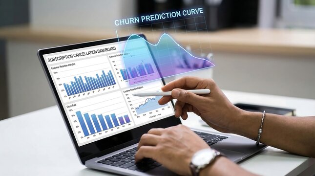 Analyzing a churn prediction curve on a laptop dashboard, showcasing business analytics and customer retention strategies