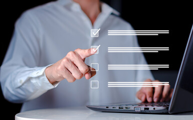 Business professional completing checklist financial representing audit, data verification, accounting process and task management. Accuracy compliance and workflow