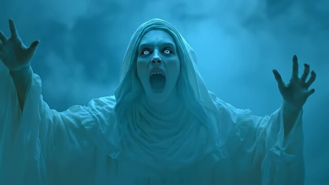 A ghostly figure with his arms outstretched in the air