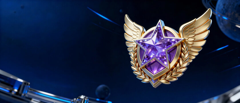 Golden winged star emblem with purple gem