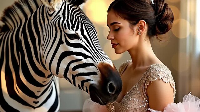 A woman in a dress standing next to a zebra
