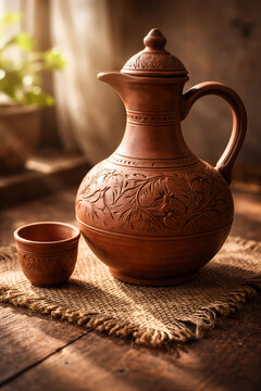 AI generated traditional handcrafted clay water pitcher (Surahi) with detailed engravings and a matching cup on a rustic burlap cloth