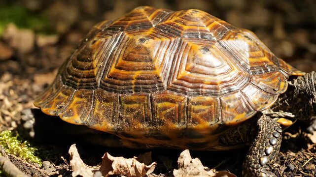 Calm wild tortoise in nature, macro view of reptile animals shell showing intricate brown pattern. Slow creature walking on sunny ground
