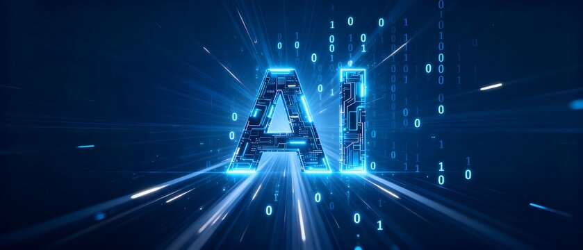 Glowing AI letters with circuit patterns and binary code