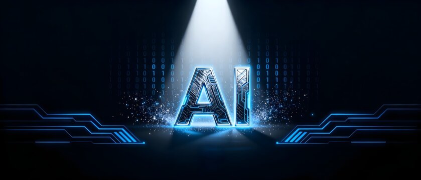 AI text illuminated by spotlight with circuit patterns