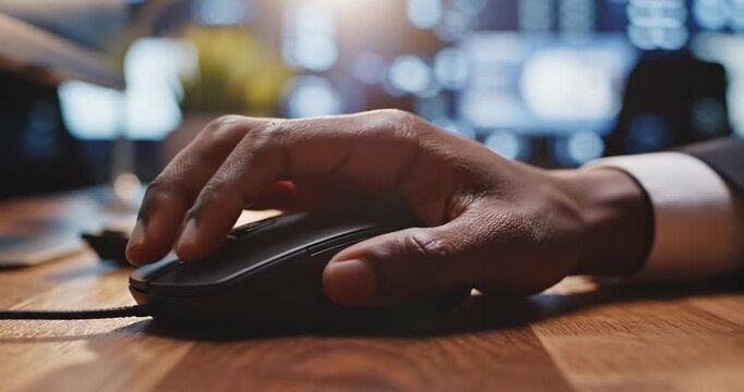 Close-up of a hand using a computer mouse on a wooden desk with digital screens in the background