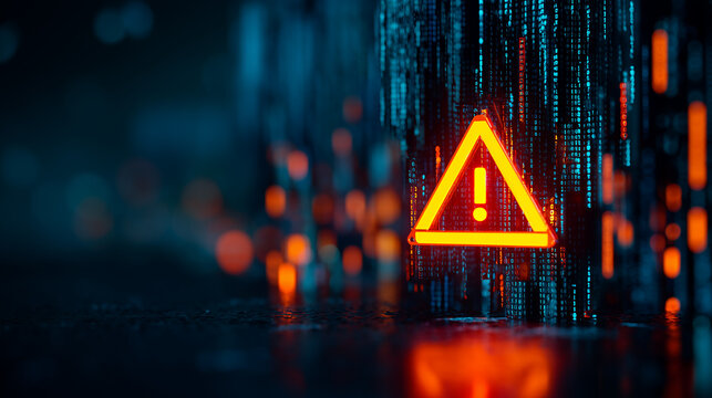 A warning sign appears amidst a digital background of code and data streams indicating a potential cybersecurity threat or alert