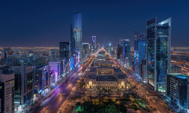 Illuminated cityscape at dusk, featuring tall buildings along a wide avenue, with light trails