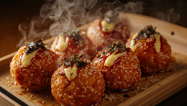 Steaming hot takoyaki balls, japanese octopus fritters, topped with sauce and mayonnaise on a wooden tray, a popular street food snack, food photography