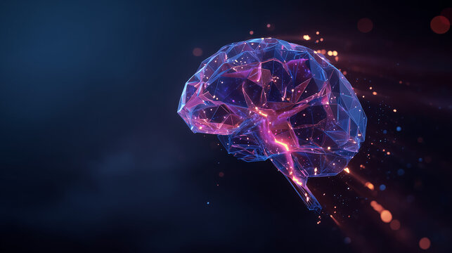 A glowing purple and pink brain with neon sparks represents artificial intelligence and neuroscience concepts in a futuristic setting