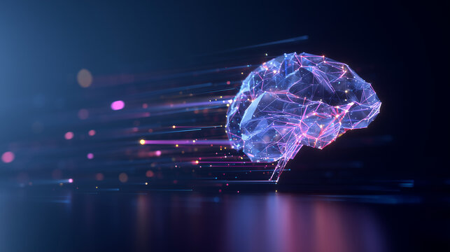 A glowing digital brain with neural connections and light trails represents advanced artificial intelligence and machine learning concepts in technology.