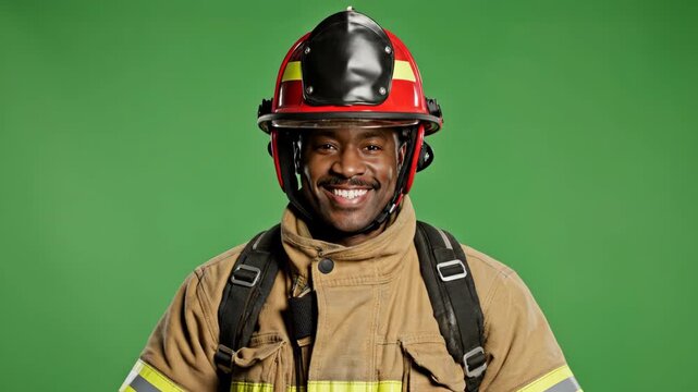 Smiling firefighter in gear with green screen background
