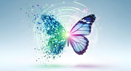 Obraz premium A Unique Digital Artwork Showcasing A Butterfly, One Wing Composed Of Vibrant Geometric Fragments And The Other A Detailed Natural Wing, Representing Change And Progress.