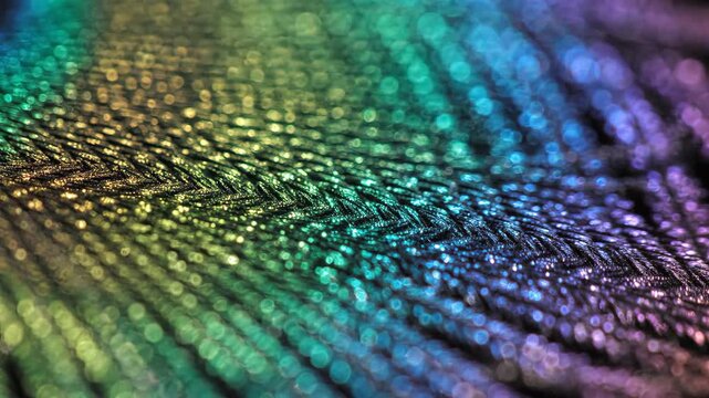 Vibrant macro peacock feather detail, shimmering iridescent background showcasing colorful abstract texture and patterns inspired by nature