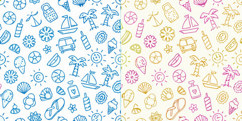 Colorful summer doodles create a seamless pattern with beach and travel themes © Ramanath