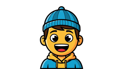Fototapeta premium Cheerful Cartoon Boy Character Portrait Wearing Blue Beanie and Hoodie, Vector Illustration Isolated on White Background