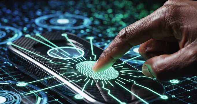 Close-up of a hand pressing a fingerprint scanner on a futuristic device with glowing patterns