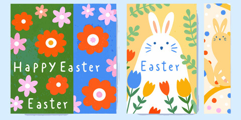 Colorful easter illustrations with flowers bunnies and festive greetings © Ramanath