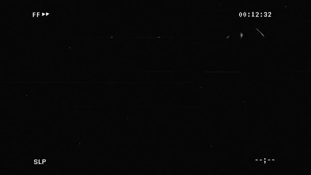 Fast forward VHS overlay with retro VCR interface, static noise, scanlines, and analog glitch distortion. 4K video resolution on black background. 