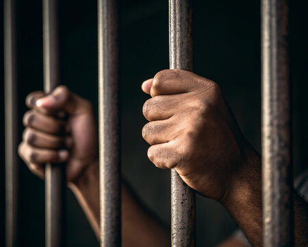 Hands gripping prison bars in dark confinement setting