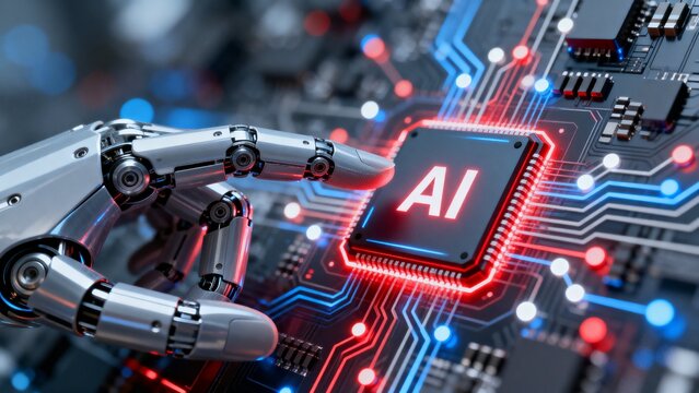 Robotic hand interacting with AI chip on circuit board