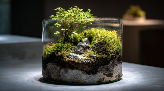 Vibrant miniature ecosystem in glass container with lush greenery and textured stones