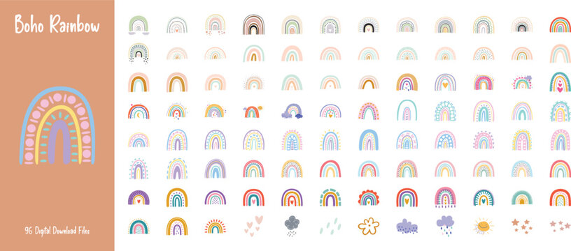 Pastel boho rainbow vector bundle in soft earthy tones. Perfect for wall art, nursery decoration, bohemian branding, and modern abstract design projects.