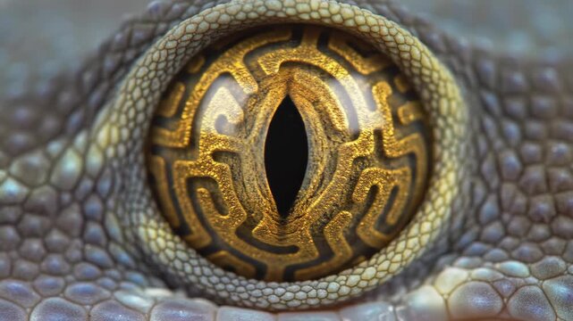 Stunning macro of reptile eye with an intricate golden maze pattern. Fascinating nature detail of geckos mysterious iris texture