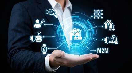 m2m, machine to machine, iot, internet of things, smart home, connectivity, automation businessman with digital hologram of network icons for industry 4.0 and smart city technology.