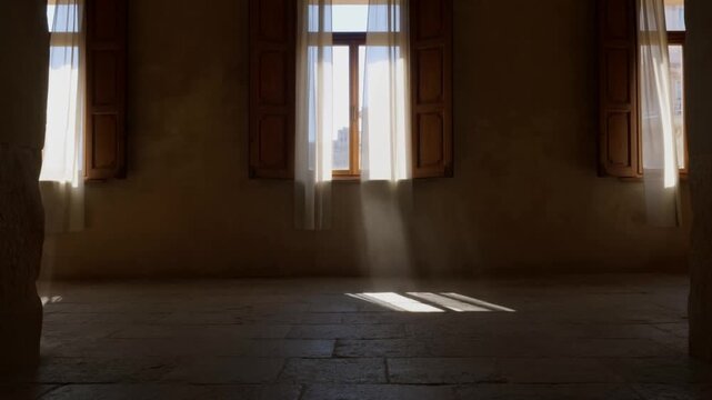 Bedroom with heavy shutters, a single beam of sunlight gap illuminating floating dust motes with a dazzling day outside, concept of serene midday shade