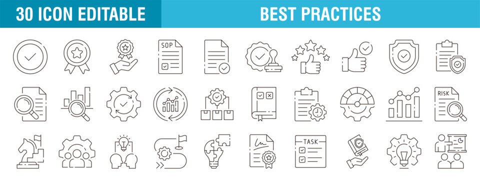 Collection of best practices icons. Business, workflow, training, success, strategy, quality, product. Vector template editable stroke EPS 10.
