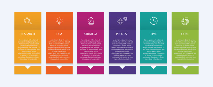 Business growth arrow &ndash; 6 step timeline infographic for brochure. Colorful graphic elements. Can be used for presentations banner, workflow layout, process diagram, flow chart, info graph