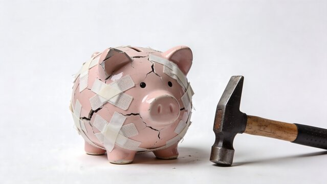 Cracked pink piggy bank covered in medical bandages sitting next to a hammer