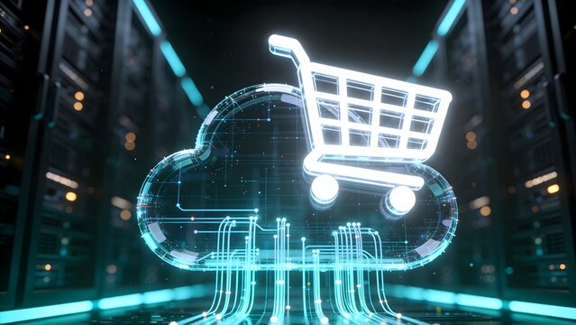 Glowing digital shopping cart icon inside a stylized cloud in a modern server room