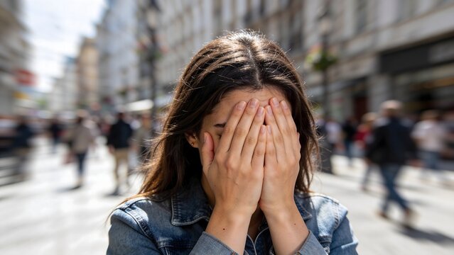 Young woman covering face with hands in deep despair on a blurred busy city street