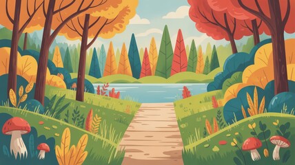 Autumn forest path with colorful trees and peaceful river landscape