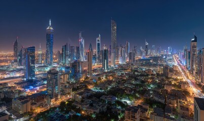 Obraz premium Illuminated cityscape panorama at night. Modern high-rises and lights
