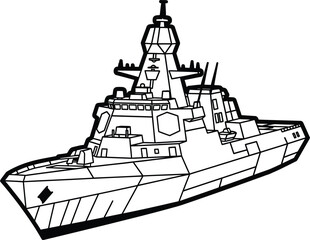 Black and white outline of a modern warship navy military vessel © Graphic Shops