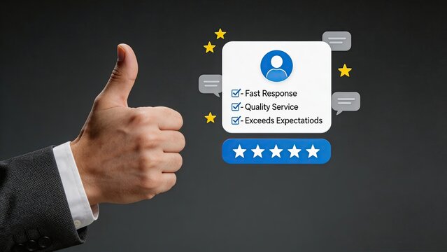Businessman hand giving thumbs up gesture next to customer satisfaction rating card with five stars fast response quality service exceeds expectations checklist positive feedback