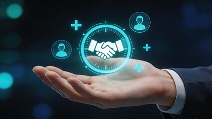 Fototapeta premium Businessman holding holographic handshake icon digital partnership concept virtual collaboration technology future of business networking corporate agreement symbol innovation in
