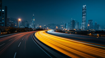 Fototapeta premium A city highway at night with traffic light trails curving through a modern metropolitan area with skyscrapers in the background