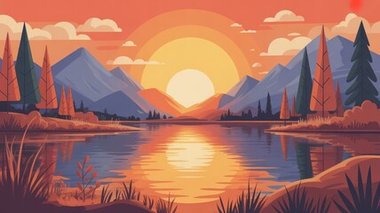 Sunset mountain lake landscape with reflective water and pine trees