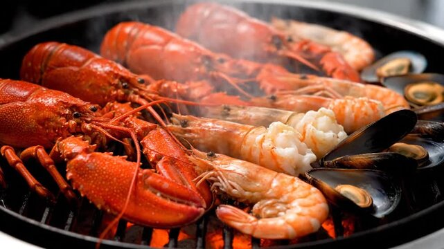 Sizzling gourmet seafood platter featuring succulent grilled lobsters, jumbo prawns, and fresh mussels, beautifully cooked over hot coals for a delightful culinary experience