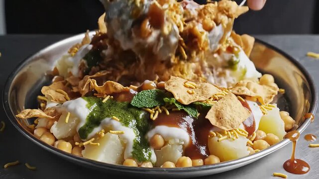 Indian Street Food Papri Chaat with Yogurt and Chutneys