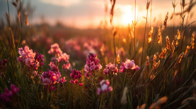 A serene field of pink flowers blooms vibrantly during a breathtaking sunset in a natural outdoor setting with warm sunlight.