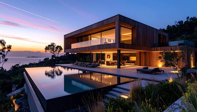 Modern Residential Building with Wooden Exterior Minimalist Architecture and Infinity Pool Under Evening Sky