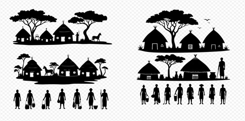 African Village Silhouettes: Traditional Huts, Trees, People, and Animals in Black and White. © Adji