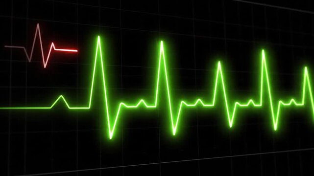 A vibrant electrocardiogram displays a healthy heart rhythm with a glowing red heart symbol against a dark grid